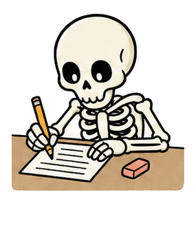 Illustration of a skeleton preparing for an exam